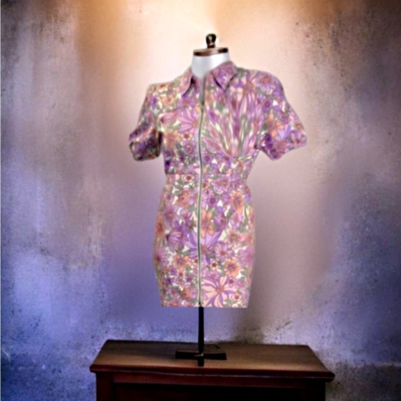 Skies are Blue Floral Cotton Twill Short Dress Puff Sleeves Retro - Picture 5 of 9